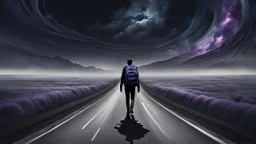 A solitary androgynous figure seen from behind, carrying an oversized heavy backpack, walking alone along a long winding road floating on a vast dark sky. Surreal abstract dreamscape, the road curving into endless darkness, abyss, mist, uncertainty and emotional weight, alone caracter, black gray, Dark blue, charcoal and muted purple tones, deep sky, digital art, etheral, atmospheric