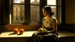 Painting of a mixed-race woman wearing a short-sleeved black shirt and a long beige skirt, sitting by a large window, holding a white plate with five oranges. In the background, a narrow street with buildings on both sides, with people walking and sitting, can be seen through the window. Oil painting with soft, diffuse lighting and rough textures.