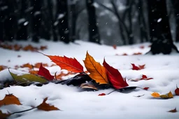 Capture the stunning contrast between winter and autumn in a realistic photo that showcases two leaves gracefully falling onto the snow-covered ground. The backdrop features a serene snow scene, enhancing the juxtaposition of the seasons. Emphasize the crisp details and high quality of the photo to convey the natural beauty and peaceful essence of this striking moment. Let the viewers immerse themselves in the captivating contrast between the chilly winter landscape and the remnants of autumn, f