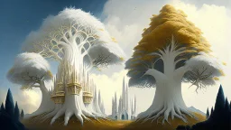 Valinor, tolkien, two giant trees, one giant golden tree, one giant silver tree, surrounded by a giant white castle.