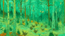 A mint colored forest with insects painted by Vincent van Gogh