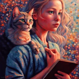 captivating and inspiring cinematic poster that features a young, determined girl and her brave Siamese cat. The girl, with her flowing hair, gazes intently ahead, clutching her sketchbook close to her chest. Her loyal feline companion, perched on her shoulder, looks ahead with unwavering confidence. The artistic style masterfully combines pointillism, realism, and fauvism, resulting in a visually striking blend of bold colors and intricate details. The background showcases a vibrant cityscape w