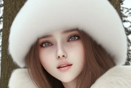 close-up portrait of beautiful young and cute 14 years old ukrainian girl, anime, adorable, au naturel, charming smile, shy, innocent, round face, detailed eyes, realistic shaded perfect face, fur leather jacket, winter forest, volumetric lighting, volumetric clouds, centered perspective camera view, global illumination, 8k, uhd, art by sam curry