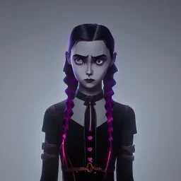 Wednesday Addams, Wednesday with braids standing with her arms crossed, dark, soft goth lip, hyper detail, octane render, unreal engine 5, photorealistic, 8k resulation