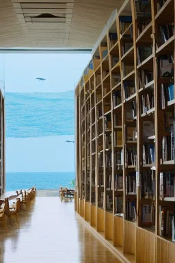 a library with the sea in the background