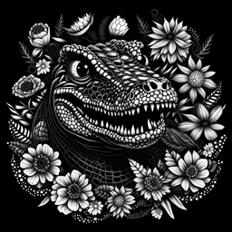 black and white alligator face between seeds and big flowers. black background. for a coloring.