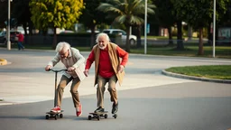 Elderly pensioners on skateboards. Photographic quality and detail, award-winning image, beautiful composition.