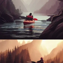 highly detailed kayak on lakeside, illustration, cinematic lighting, 4k, 8k, octane render, digital concept art, greg rutkowski, trending on artstation, pinterest, extremely detailed, ambient lighting.