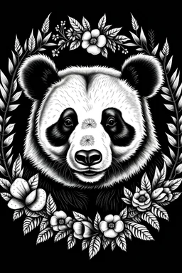 Retrato de um panda em estilo clássico com uma coroa de flores