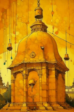 A yellowish orange colored ringing bell temple with a bat painted by Gustav Klimt
