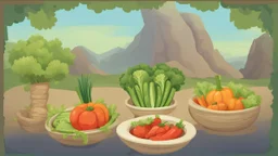 illustration for game. some vegetables bowls on a large island