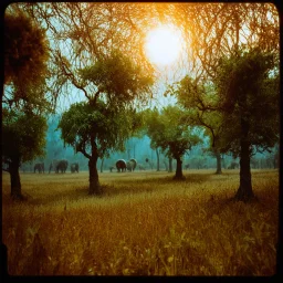 Close-up polaroid of a creepy surreal landscape, monsters, eerie, Max Ernst style, very surreal, trees, spooky, metaphysical objects, giant sun, intricate, thoughtful, appalling, deep 3d field, 8k, hypermaximalist