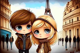 cute blonde blue eyed chibi girl and a brown haired brown eyed mexican chibi boy in love in Paris