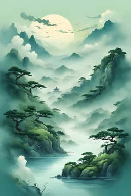 Jiangnan, green wind, clouds and mist, a little tender green and blue, ancient style, poetry and illustration, very clear and delicate