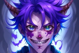 Young anime man with demon horns, fangs, messy purple hair and blue eyes