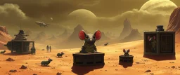 10️⃣ Mission Success / Final Scene "Wide alien landscape with two landed ships. Giant mummy rat observes scene from crate, curious and clever. Crew interacts with cautious but friendly alien inhabitants. Caged rat and stasis rat visible in secure areas. Mood: accomplishment, quiet wonder. Dramatic cinematic lighting, Rembrandt-inspired shadows, anime-style expressive rat features, focus on intelligent eyes and dynamic posture."
