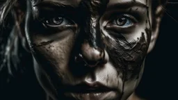 A close-up, abstract portrait of a woman's face and upper torso, rendered in a dark, gritty, and expressive style. The subject's face is partially obscured by bandages and what appears to be metallic plating, with visible cracks and openings revealing a complex inner structure. Her eyes are dark and intense, with heavy black makeup smudged around them. The entire composition is heavily textured with thick, impasto paint strokes and dripping paint in vibrant colors like red, blue, yellow, and bla