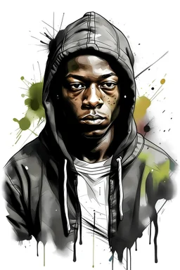 A drawing of black man wearing a hoodie with graffiti paint