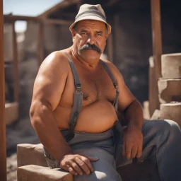 photography of a marocan ugly burly serious wet sweaty, beefy strong fat carpenter, shirtless, in overall, bulge, manly chest, big salt-and-pepper mustache 52 years old, short hair, sitting with open legs on a little chair , on a construction site in the middle of a road, under the August sun, emotional eyes, , hyper-realistic, photorealistic , frontal view from the ground