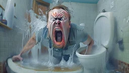 angry russian keeps flushing the toilet while water spills on the floor