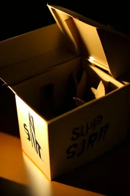 The fingertips of a clawed hand emerging from the top flaps of a cardboard box, the word "surprise" handwritten on the front surface. The box is in a darkened storeroom with a single light source from an ajar door.