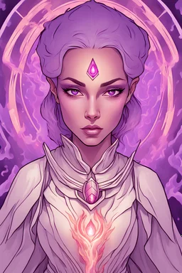 Dungeons and Dragons portrait of the face of a female human mystic in light colored robes. Is glowing with purple psionic energy, has purple eyes, and is surrounded by purple flames.