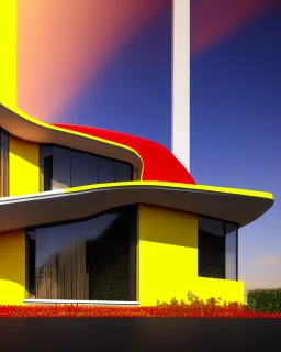 Arte de tinta casa estilo Zaha Hadid color rojo amarillo y blanco 8k