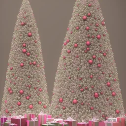 Giant christmas tree white and pink, whit many light in a forest at night