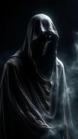 In a mesmerizing and ethereal manner, an otherworldly being emerges in the form of a translucent grey hood ghost. flowing smoky black robes. Forward facing