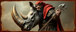 3d airbrush render, full body of rhino orc badger warrior priest , pinhole cam, airbrush 3d rendering, in the style of Titian and Rembrandt , torn edges on border