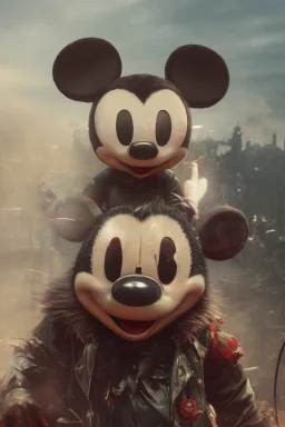 zombie mickey mouse hybrid, photorealism, movie screen capture, horror, sci-fi, retrofuturism,