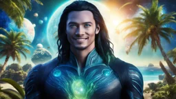 beautiful gorgeous young man na'vi with long hair, Avatar, blue skin, two small ears, green eyes, black hair, in cosmic suit, galactic ambiance, medium pointy goatee , smiling, with spaceship and planets and palm trees and clear crystaline cosmic beach in background