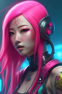asian mermaid cyberpunk some scales on face pink hair