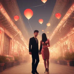 A professional night shot of a romantic far future city, seoul, couple holding hands, trending on Artstation, sharp soft focus, highly detailed, crowded, red balloons falling. A beautiful curvaceous Peruvian woman with long straight black hair, wearing a deep V-neck pink lace dress, enchanting, magical, ethereal, intricate, sharp, hazy lighting. Painting, high quality, Ultra quality 8k. A boy like chanyeol, korean, kpop, 183 cm, tall, handsome