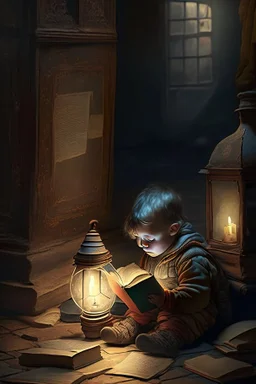 A child sitting on the floor, next to a lantern, studying old books