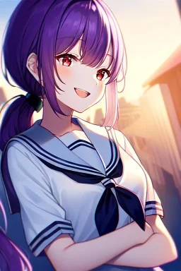 girl, masterpiece, best quality, cinematic lighting, detailed outfit, vibrant colors, perfect eyes, long hair, purple hair, red eyes, low ponytail, school outfit, laughing,