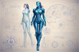 Hand drawn technical,full body illustration , with detailed blueprints and engineering schematics of a hybrid walking leaf biomechanical woman, with highly detailed facial features, drawings, and technical notation, 8k, vibrant natural colors