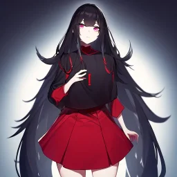 Clear focus, High resolution, long black fluffy hair, long locks, chopped bangs, purple eyes, wearing a Hu Tao outfit that is red and white, wearing a red skirt, (solo), thick line art