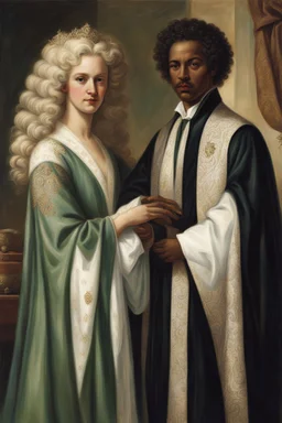 interracial marriage, white man, blonde hair, green eyes, wearing aristocratic robes and dark-skinned woman, with black curly hair dressed in aristocratic robes.