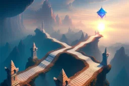 mythical long stairway up to heaven in the sky, beautiful colours, fine art, trending on artstation