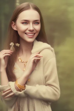 Beautiful smile of feminine girl in the forest in the 9AM in the morning ín 24K Resolutions, super HD, Professional PHOTOGRAPHY