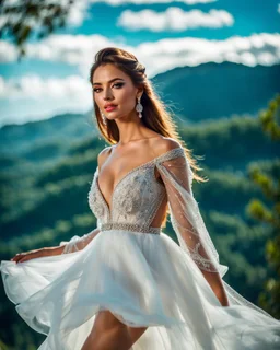 full-body closeup shot of a young, beautiful girl with a perfect face and makeup,wearing pretty dance dress standing in a stage in open air nice hills , blue sky ,pretty clouds at distant