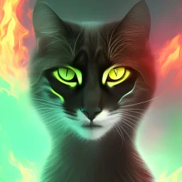 black cat, green eyes, flames, warior, in hamlet