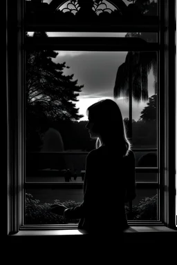 mujer mirando por un ventanal hacia un parque con arboles, en un atardecer. paleta de colores naranjas negro y blanco. sensacion de melancolia