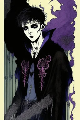 17 year old boy, necromancer, friendly, looks dead, surrounded by weird smoke with eyes, wearing black robes, in the style of Harry Clarke