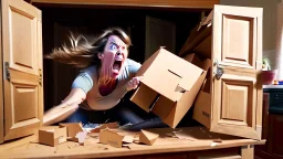 woman starts frantically tearing through a very large door sized box the kitchen table was delivered in