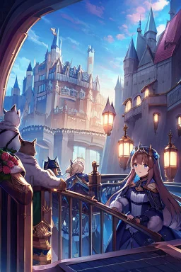 A animation image of a beautiful castle, a balcony with king, queen and a fat cat