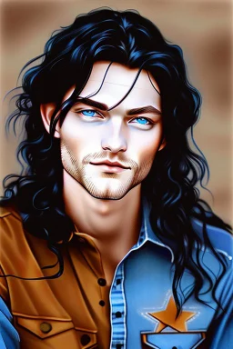 A man with long black hair, blue eyes, wearing a cowboy shirt and blue jeans