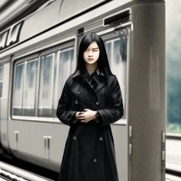 A young Asian woman with long hair and a black trench coat waiting for a woman at a train station in Paris