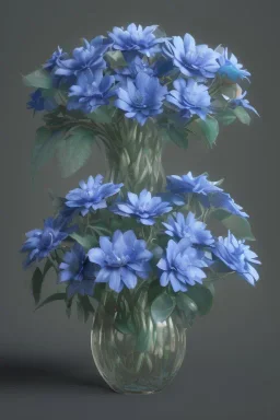 a bunch of blue flowers with green leaves, a digital rendering by Kanzan Shimomura, cgsociety, photorealism, rendered in maya, daz3d, photorealistic